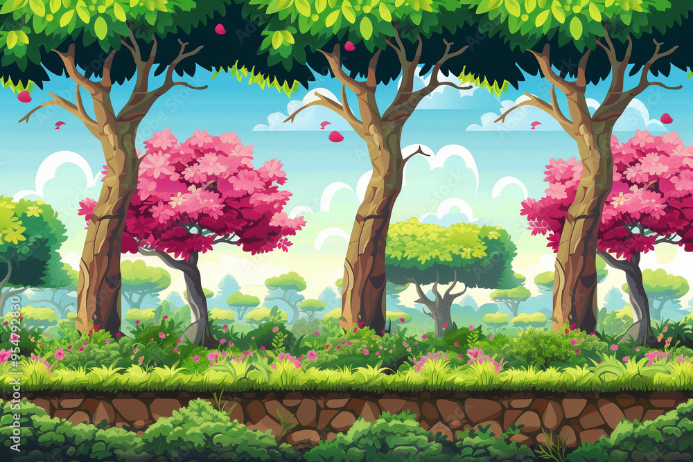 Poster seamless spring forest landscape, never ending nature background with separated layers for game desi