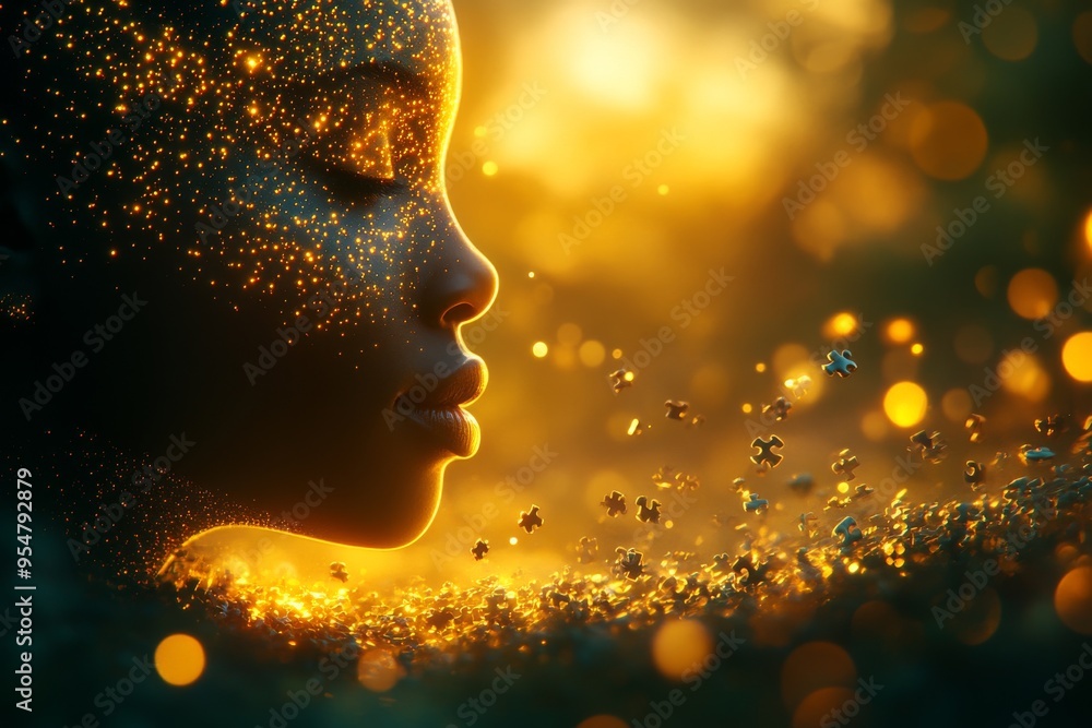 Poster psychosomatic disorder behavioral genetics close up of a womans face with glowing particles symboliz