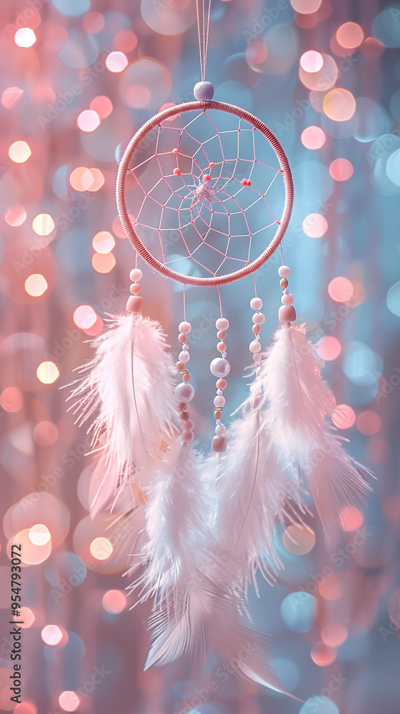 Poster a simple, elegant dreamcatcher with white feathers and pearls, hanging against a soft pastel-colored