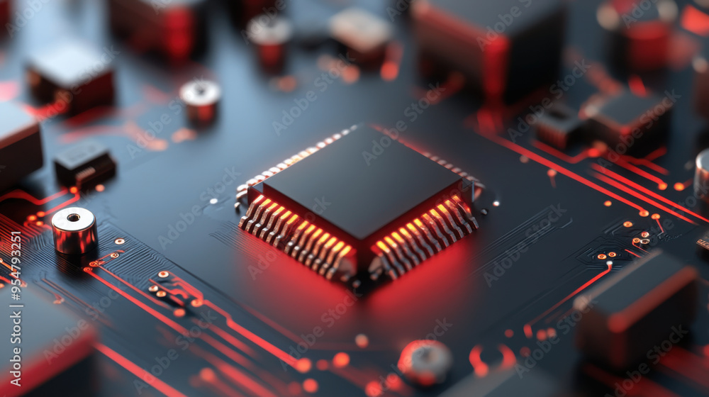 Poster close-up of a glowing microchip on a red circuit board, highlighting the intricate design and modern