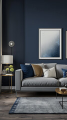 A sleek, modern gray sofa with clean lines placed against a deep navy blue wall with minimalist artwork, creating a sophisticated and contemporary living space.