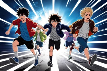 Dynamic Cartoon Artwork of Anime Youths Escaping Blinding Light