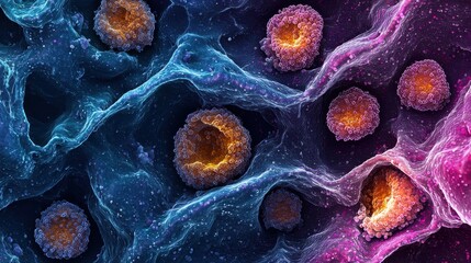 Magnified View of Vibrant Breast Cancer Cells Texture and Surface Irregularities
