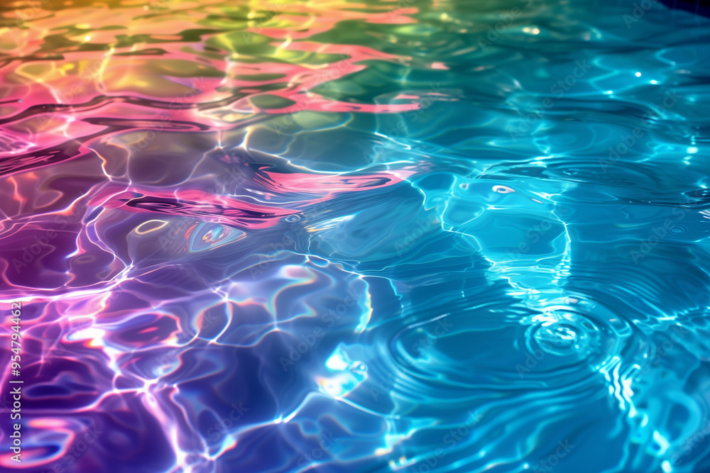Poster swimming pool with rippling motion texture swirls toned in multicolored neon rainbow spectrum. creat