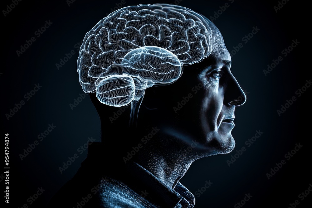Poster cognitive therapy behavioral genetics side profile of an elderly man with digital brain symbolizing 