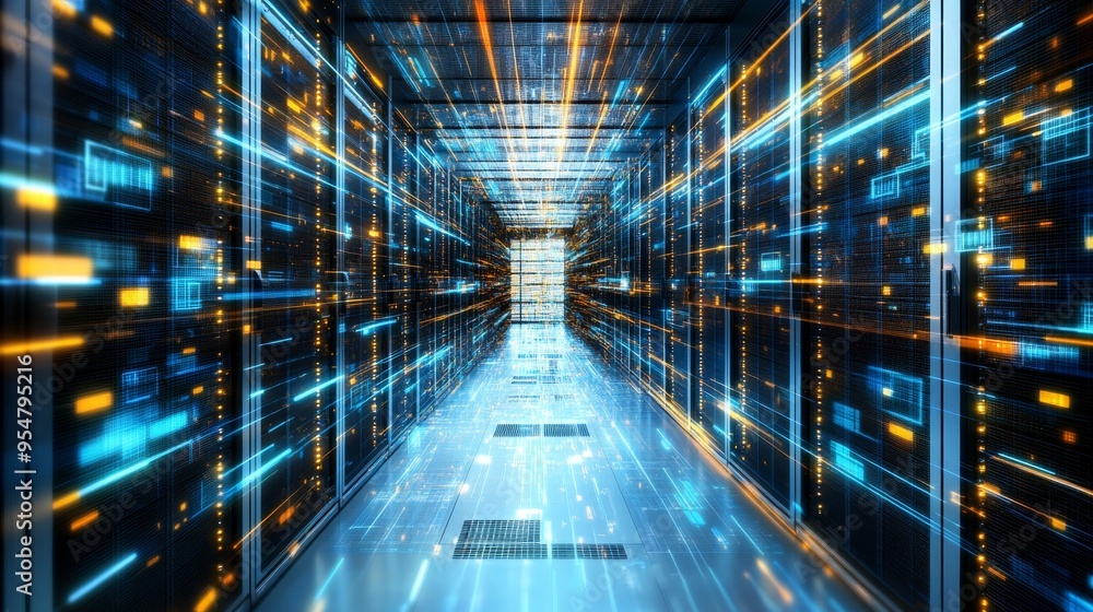Poster futuristic server room with bright lights and data flow, big data concept. 3d rendering
