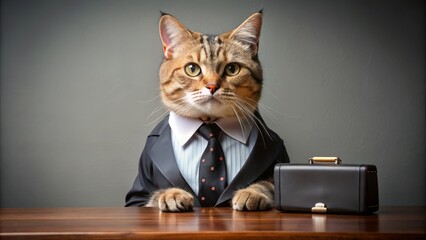 a photo image of a cat sitting at a desk wearing a tiny suit and holding a briefcase looking very serious