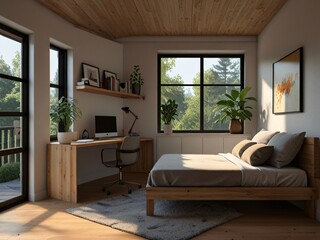 Fototapeta premium Modern Bedroom with Wooden Bed Desk and Windows
