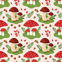 Seamless vector autumn pattern with mushrooms, fly agarics, nuts and autumn foliage. Vector background with flowers, leaves, berries for autumn, autumn design. Flat illustration