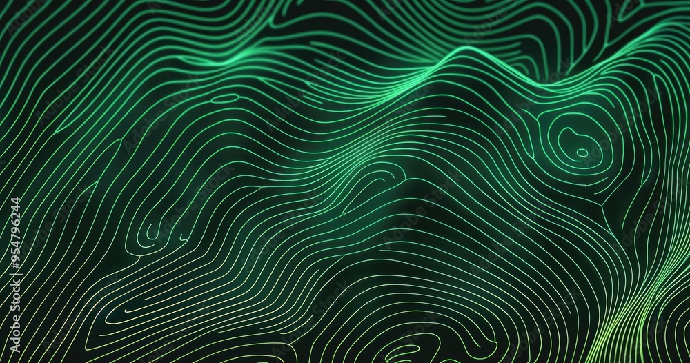 Poster a digital illustration featuring flowing lines creating an abstract, wave-like pattern in shades of 