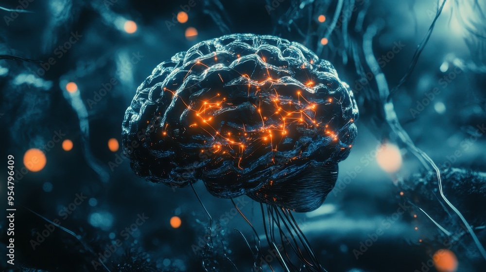 Poster glowing brain - synapse and neuron connections in cerebrum