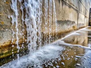 a photo image of fine streams of water and soap emulsion blasting onto a rough-textured concrete surface with varying degrees of grime and dirt buildup.