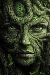 Obraz premium Enchanting Forest Spirit Portrait: Nature-Infused Face with Intense Green Eyes and Bark Skin