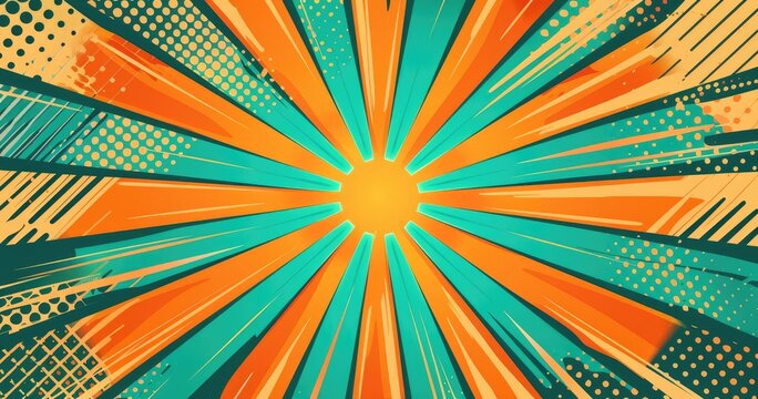 A vibrant graphic design featuring sun rays in orange and teal, ideal for backgrounds or promotional materials.