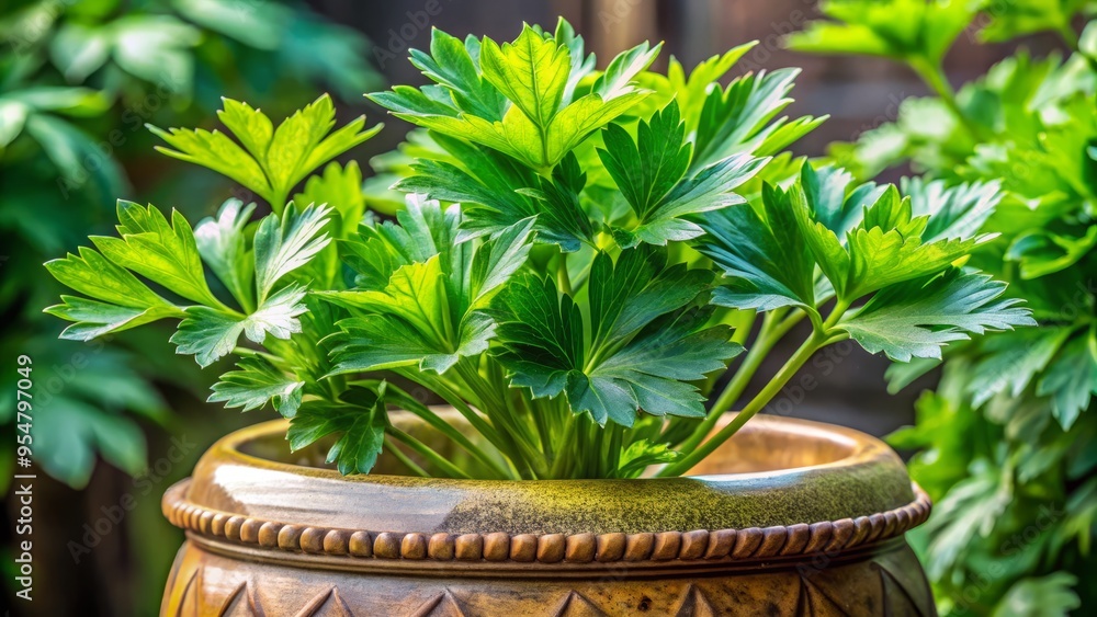 Wall mural a photo image of a close-up of a lush, green lovage plant blooming in a ceramic planter with ornate design