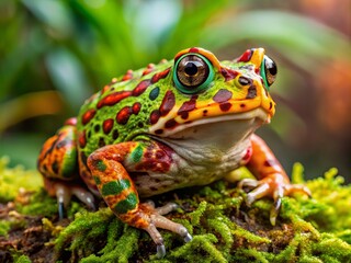 Obraz premium A vibrant image of a Ceratophrys frog displays its rounded body, long sticky tongue, and oversized eyes on a lumpy, moss-covered leaf amidst a tropical rainforest.