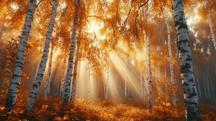 Sunbeams Shining Through Autumn Birch Forest