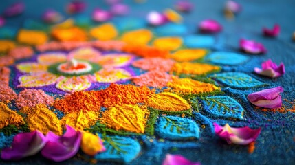 Fototapeta premium Intricate Rangoli Design with Vibrant Colored Powders and Flower Petals