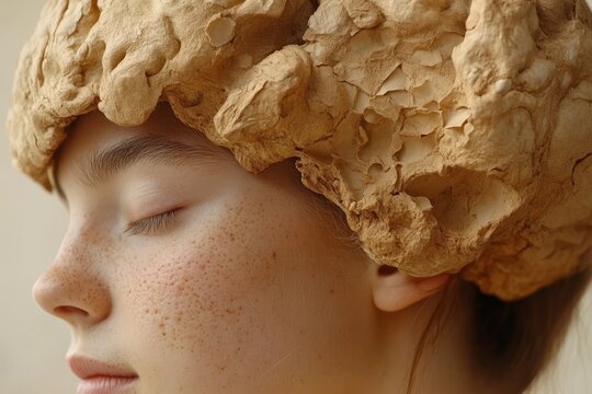 Depression Psychopharmacology Peaceful portrait of a young woman with a clay brain symbolizing the malleability of thought the formative nature of identity and grounding of cognitive processes
