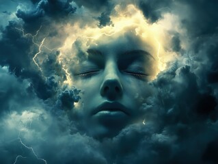 Serene Face Enveloped by Thunderous Clouds and Illuminated by Lightning

