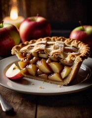 A freshly baked apple pie charlotte sits on a plate, showcasing a golden, flaky crust and chunks of tender apples inside, inviting anyone nearby to enjoy its warm, homemade goodness. Generative AI