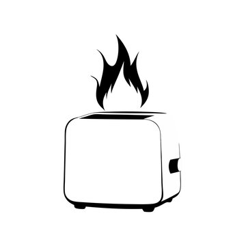 recommend clip art: line art illustration in black of toaster engulfed in flames, danger, hazard, malfunction