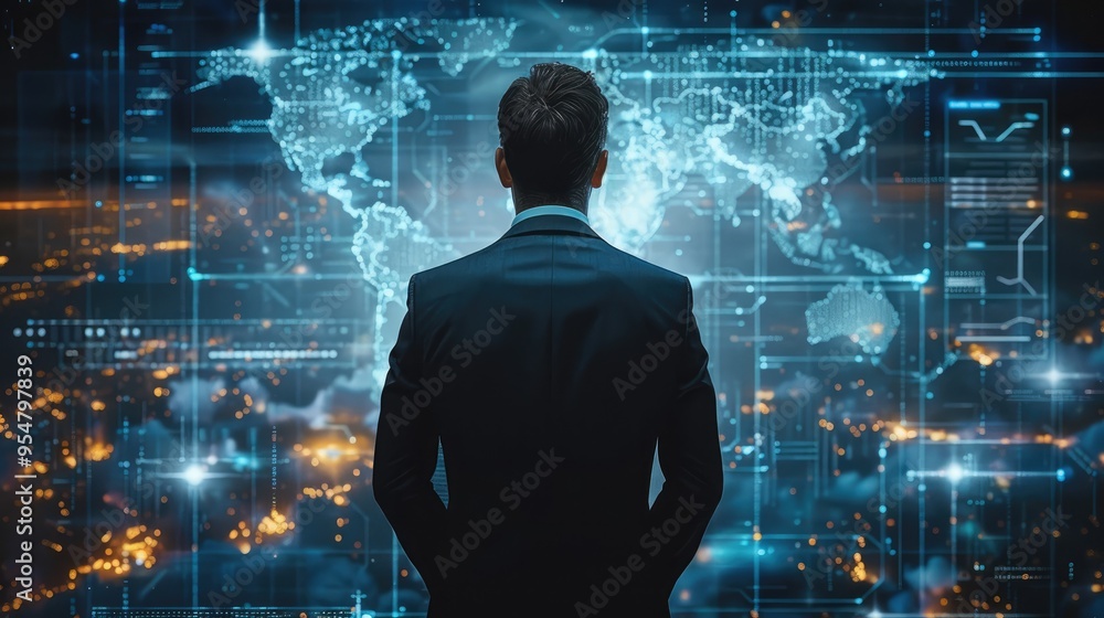 Poster businessman with technology hologram chart and graph. generative ai.