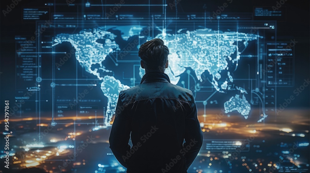 Aufkleber businessman with technology hologram chart and graph. generative ai.