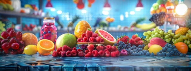 Pastel-colored fruit arrangement with tropical and citrus elements