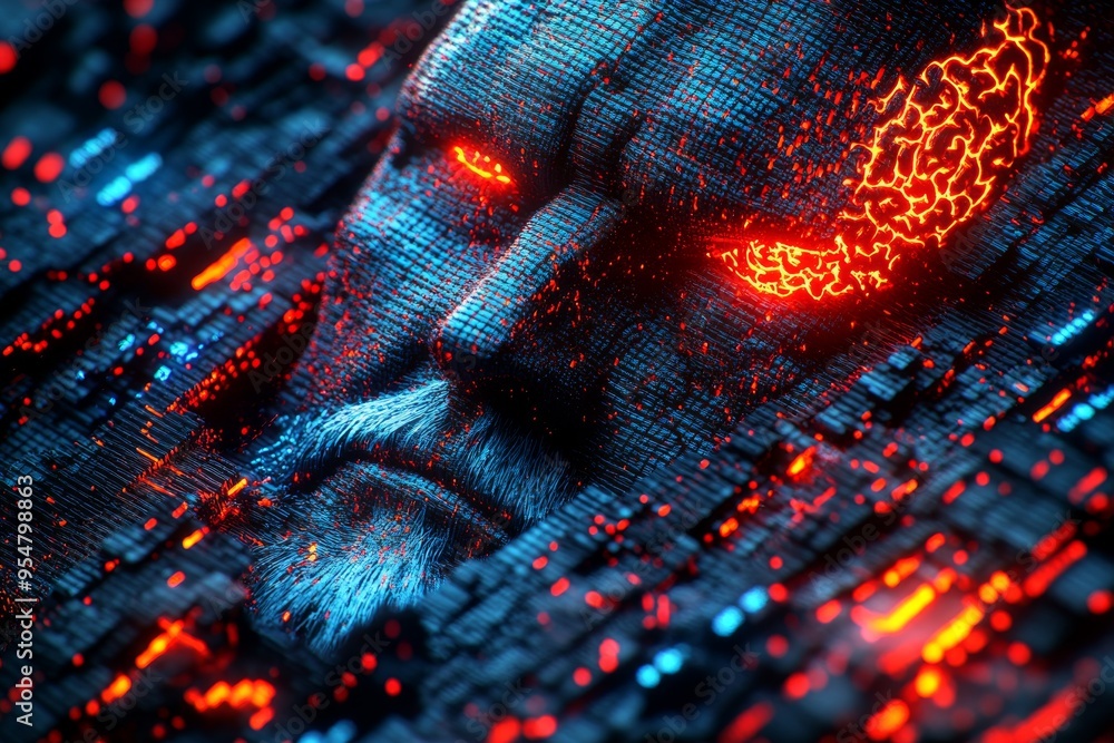 Poster aging brain psychopharmacology abstract digital portrait of a man with glowing circuitry symbolizing