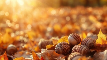 Autumn Background with Acorns and Leaves in Golden Sunlight. AI generated illustration