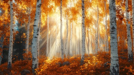 Golden Light Filtering Through Birch Trees in an Autumnal Forest