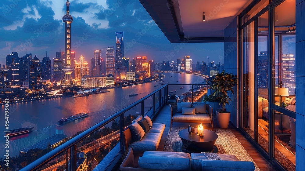 Poster a balcony on the top floor of an apartment building in shanghai, comfortable sofas, overlooking the 