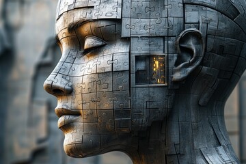 Emotional resilience Psychopharmacology Futuristic female cyborg with intricate facial patterns symbolizing the blending of humanity and technology and evolving concept of identity in a digital age