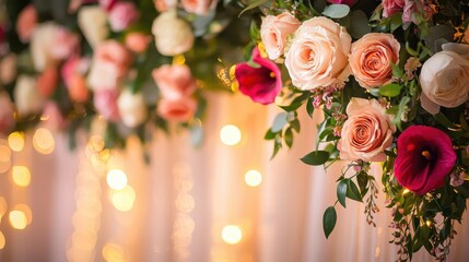 Detailed view of a festive garland made of fresh flowers hanging against a softly lit background