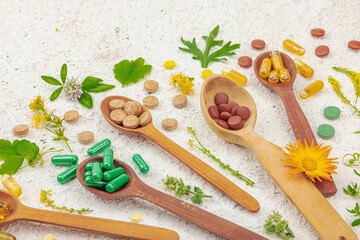 Plant based supplements, natural vitamins, fresh herbs and flowers. Organic ingredients medication