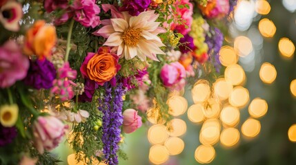Fototapeta premium Enchanting Floral Garland Hanging in Soft Light - Festive Decoration with Fresh Blooms for Special Occasions