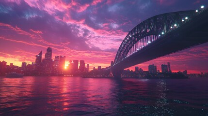Obraz premium 87. **Render the Sydney Harbour Bridge during a vibrant sunset with the city lights starting to glow in the background.**