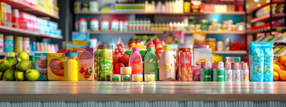 Diverse selection of packaged goods and fruits in a grocery store