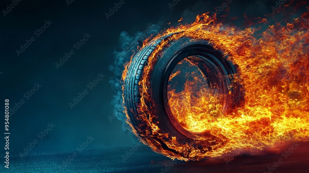 Poster a flaming tire spins on a dark surface, creating a dynamic and intense visual effect.