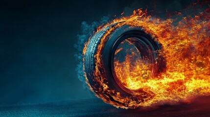 A flaming tire spins on a dark surface, creating a dynamic and intense visual effect.