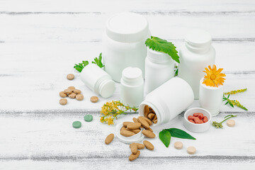 Plant based supplements, natural vitamins, fresh herbs and flowers. Organic ingredients medication