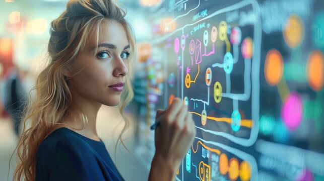 Business woman drawing a flowchart or business process diagram on a whiteboard with a marker pen. A business plan in the style of digital marketing and technology as a concept. Generative AI.