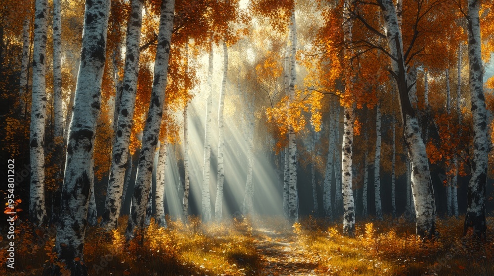 Poster Sunbeams Illuminating a Path Through a Birch Forest in Autumn