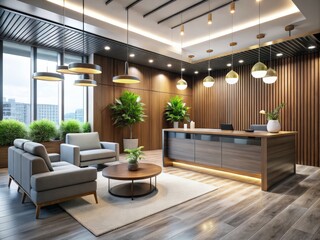 Fototapeta premium A stylish welcome area features elegant seating, a refined desk, and tasteful lighting, providing a relaxing atmosphere