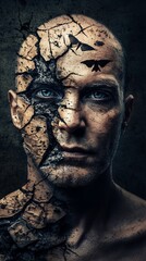 Striking Portrait of Man with Cracked Skin and Moonscape Elements