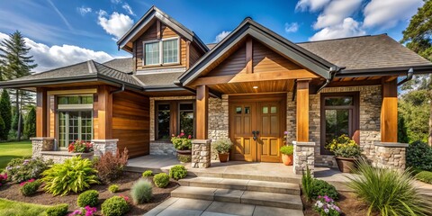 Fototapeta premium A sun-kissed day shines brightly on the exterior of this rustic modern home, where the open front door