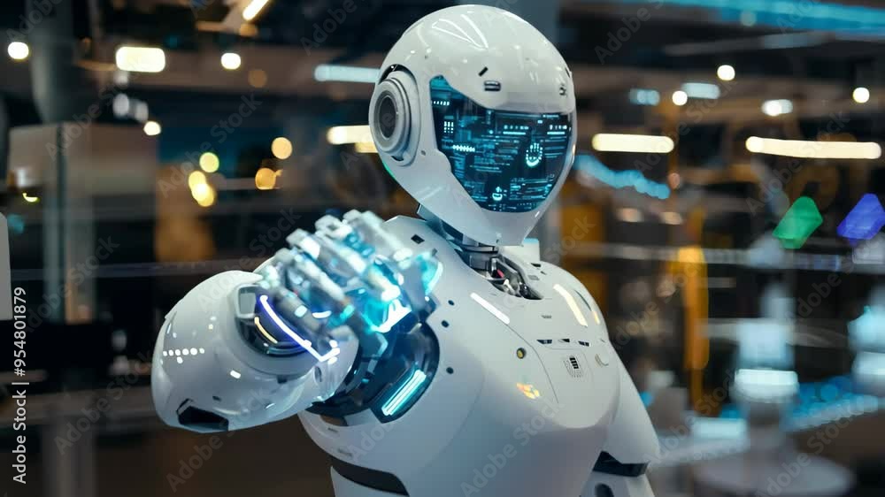 Poster a modern, futuristic robot is extending the hand to the camera. artificial machine is showing by the