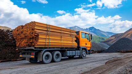 An industrial truck loaded with yellow metal pipes drives through a quarry, with mountains and blue skies in the background.