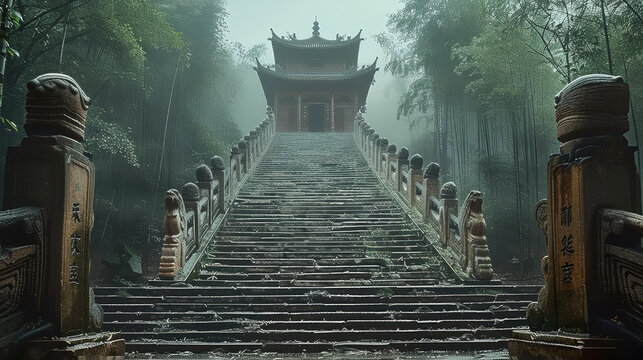 Traditional Chinese scenes, with a long stone staircase extending all the way to the top of the screen. At the end of the stone staircase is a door, surroundings are bamboo forests. Generative AI. - Powered by Adobe